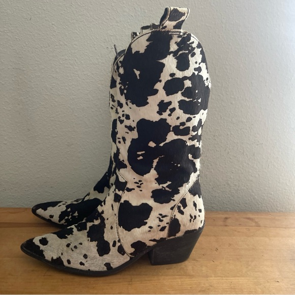 DINGO Black Cow Print Pointed Toe Boots DI127 Live a Little Leather Real Fur Sz7 - Picture 4 of 15